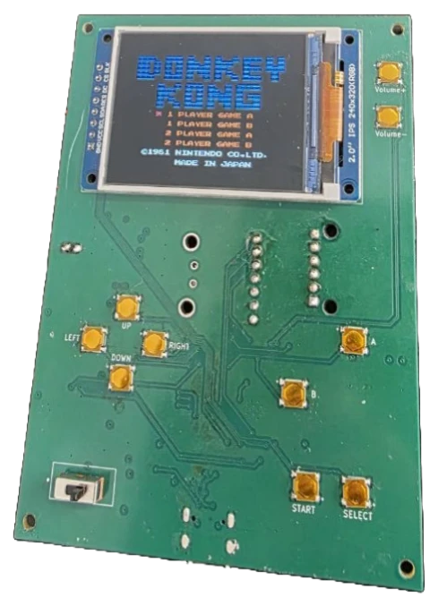 RetroDS v2 bare PCB running Donkey Kong, background removed